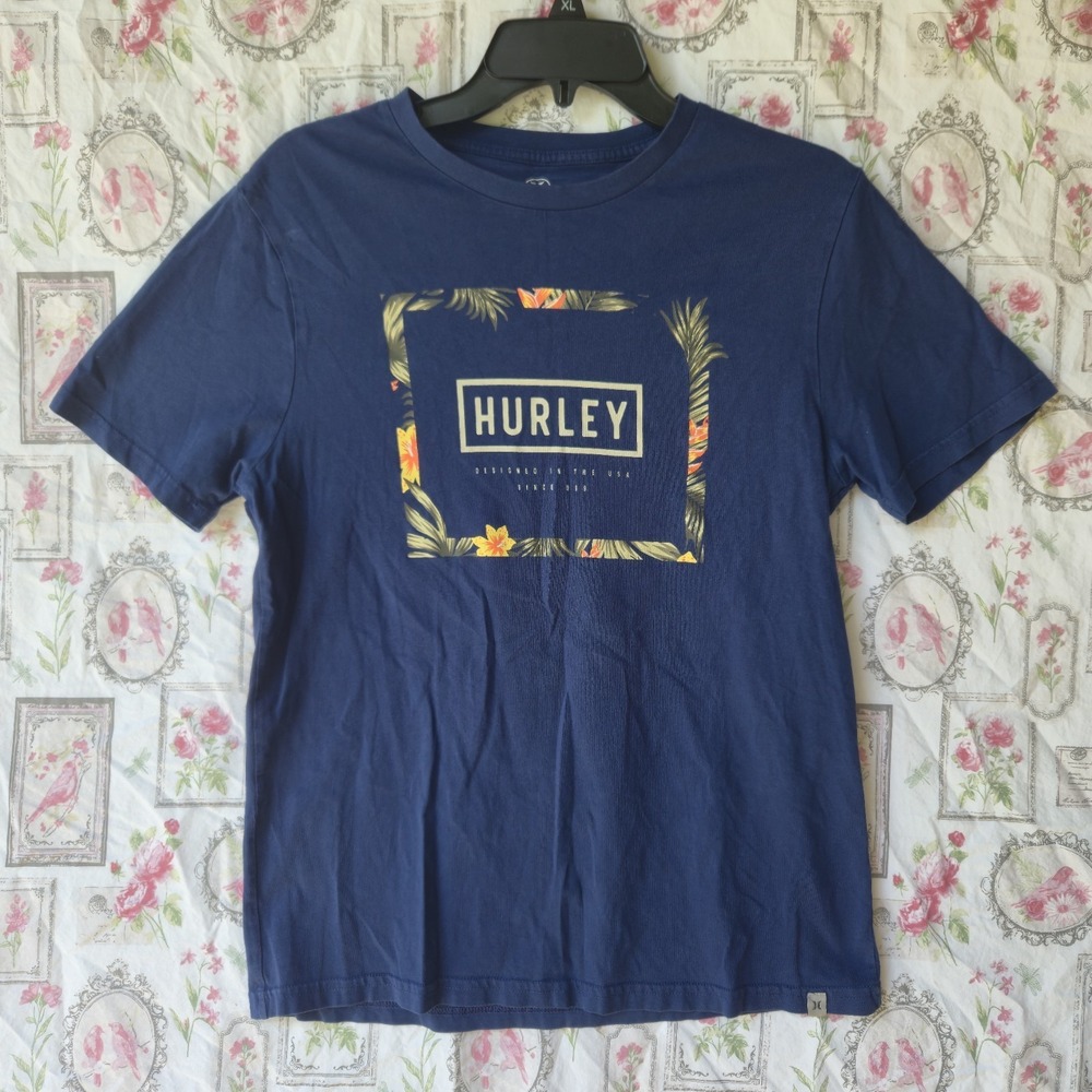 Hurley‎ Men's S Navy Blue T-Shirt Floral Box Logo Graphic Crew Neck 100% Cotton